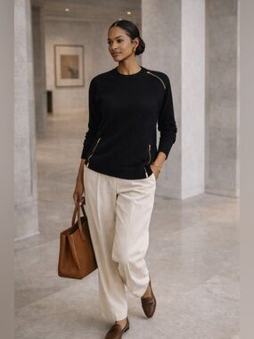 J.Crew Black 100% Wool Zip Detail Crewneck Sweater Quiet Luxury Minimalist